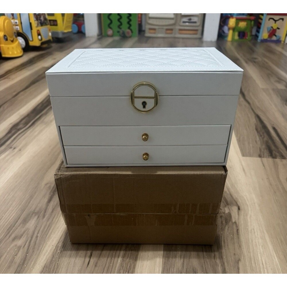 White Faux Leather Jewelry Box Organizer, Lockable 2-Drawer Velvet Lined